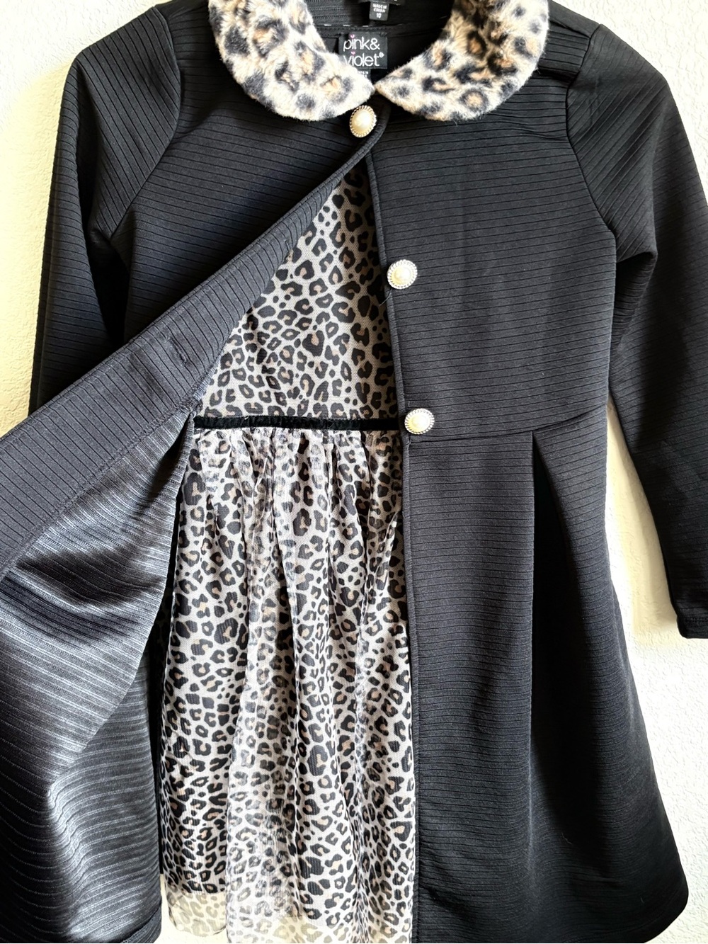 Girls' 2pc Leopard Dress w/ Tulle & Black Coat with Leopard Print Collar, Sz. 10